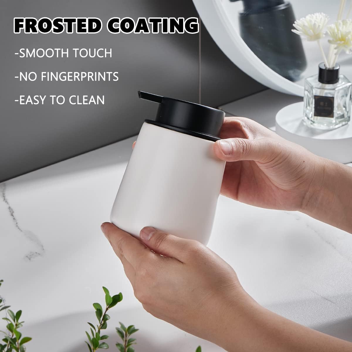 12Oz White Soap Dispenser - Modern Ceramic Lotion Hand Soap Dispenser with Easy-to-Press Black Pump, Reusable and Refillable Liquid Dish Soap Dispensers for Bathroom & Kitchen - Image 2