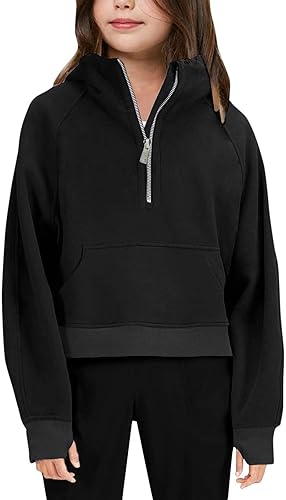 Hoodies for Teen Girls Boys Quarter Zip Thumb Hole Long Sleeve Sweatshirt Casual Fashion Fall Winter Coat with Pocket(A#01 Black,10-11 Years)