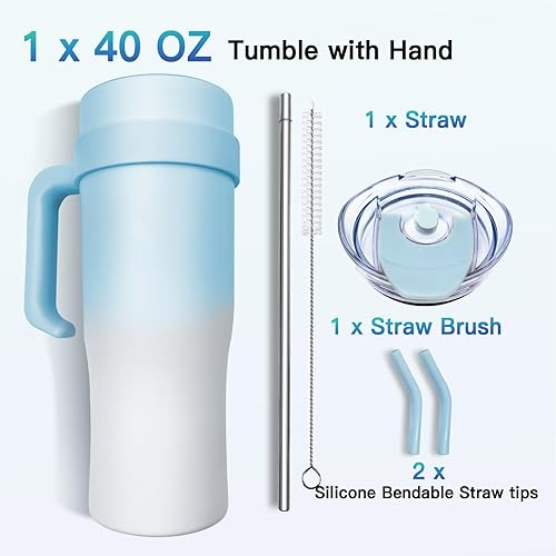 Miniatura 7 de Vaso de 40 onzas con asa y pajilla, vaso de acero inoxidable a prueba de fugas con tapa para popote 2 en 1, mantiene las bebidas frías durante 24