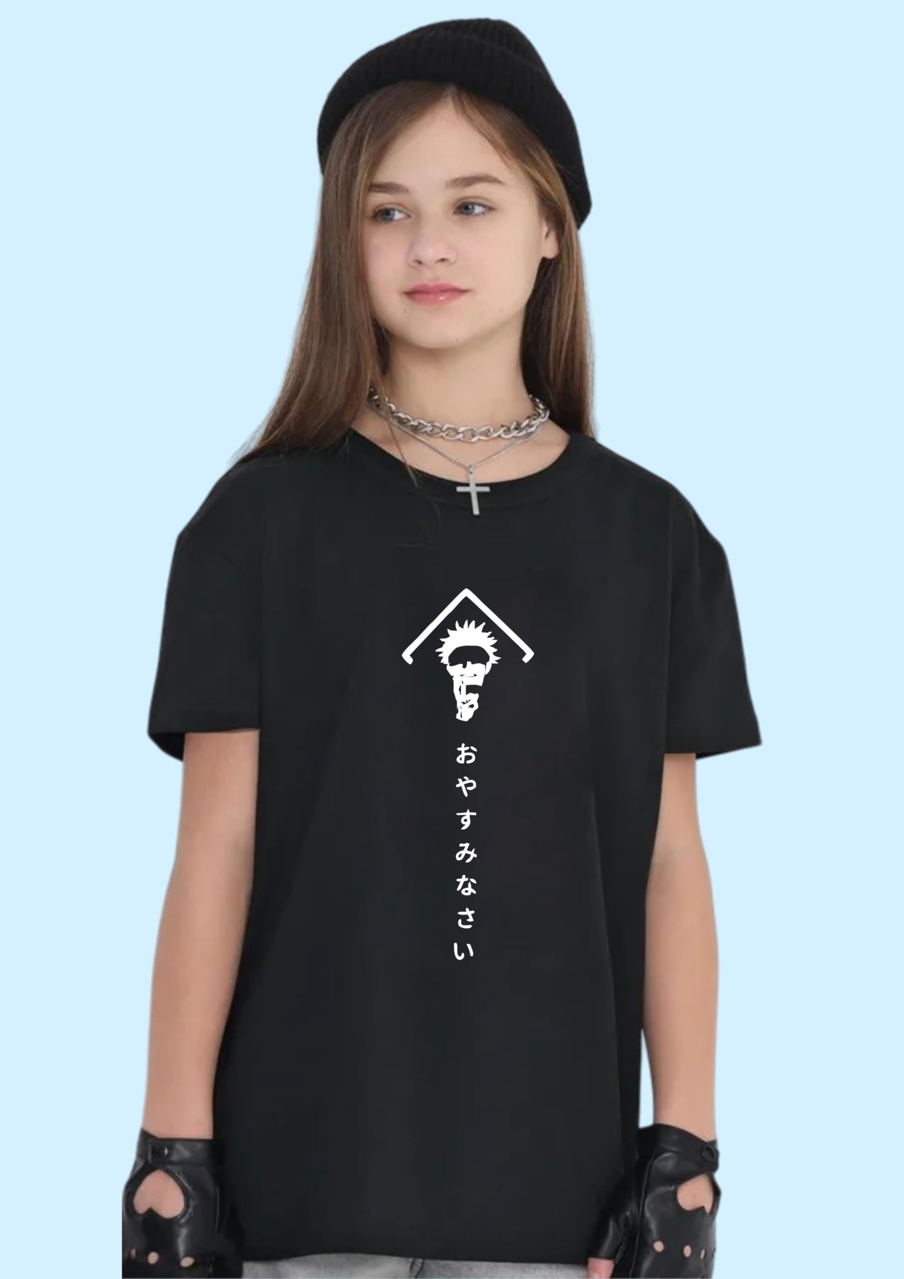 Uniplanet Store® Camiseta negra de mezcla de algodón con media manga, ajuste regular, estampado de anime Jujutsu, para niñas