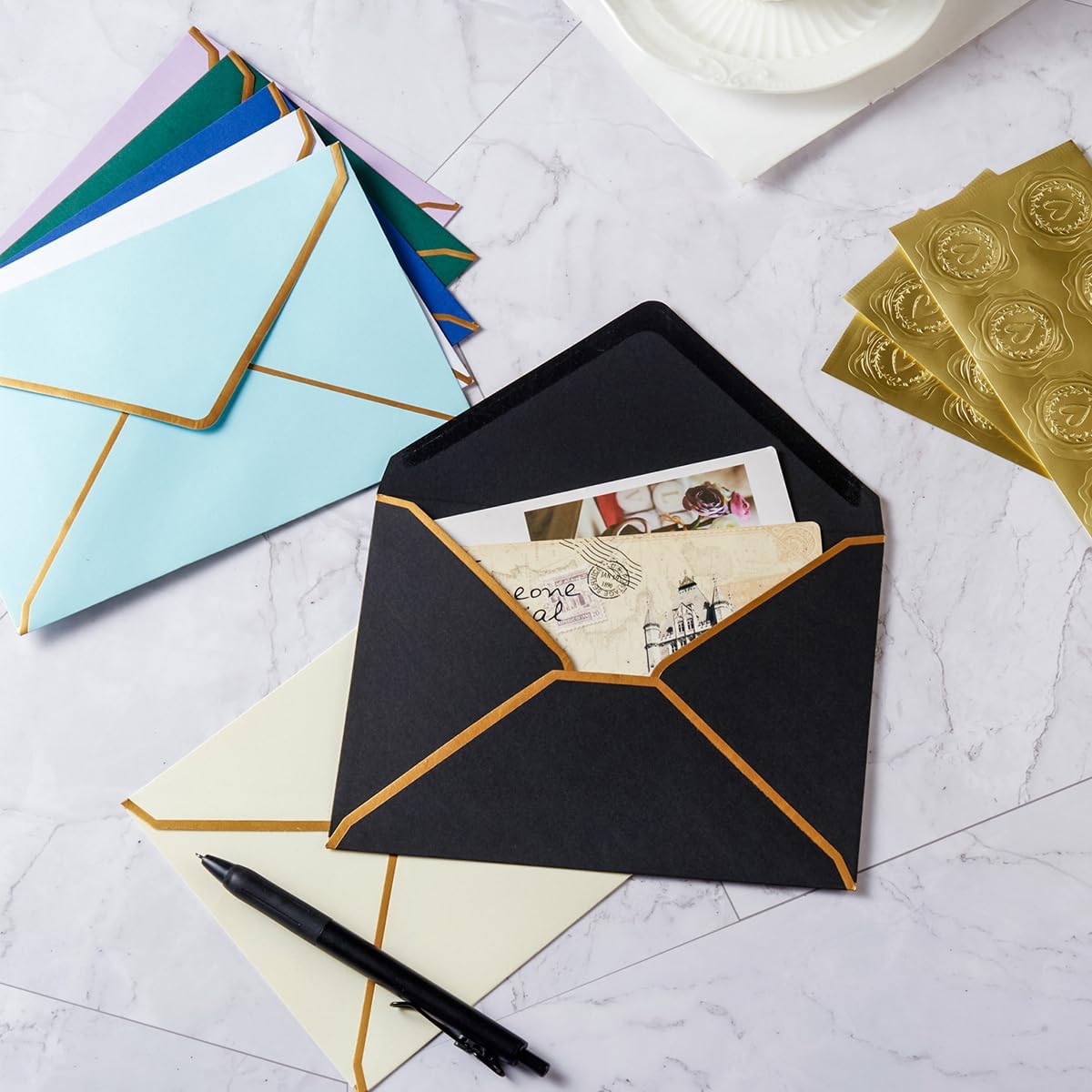 30 Pack Thick 5x7 Envelopes with Gold Border, A7 Thick Paper Greeting Cards Envelopes with Stickers for Invitation (Blue, 7.24x5.24 inches) - Image 6