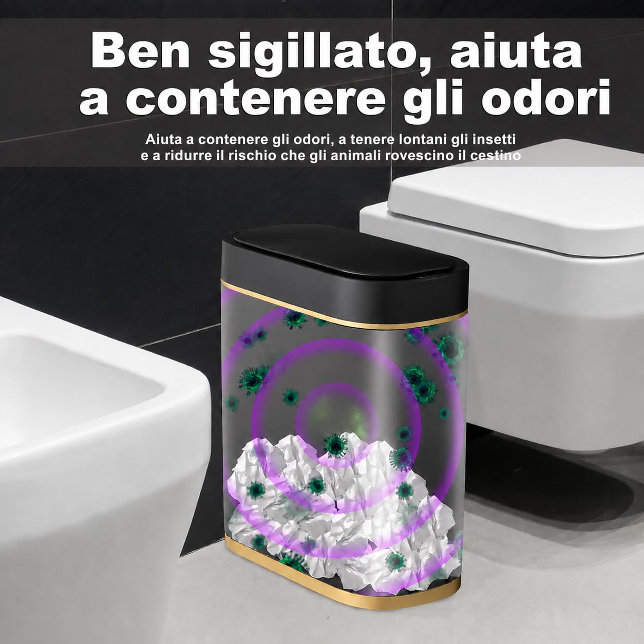Pattumiera Automatica con Sensore 8 L - Cestino Elettrico con Coperchio per Cucina e Bagno - Impermeabile / Anti-odore per Ufficio, WC - Pattumiera Nera Silenziosa (Nero)