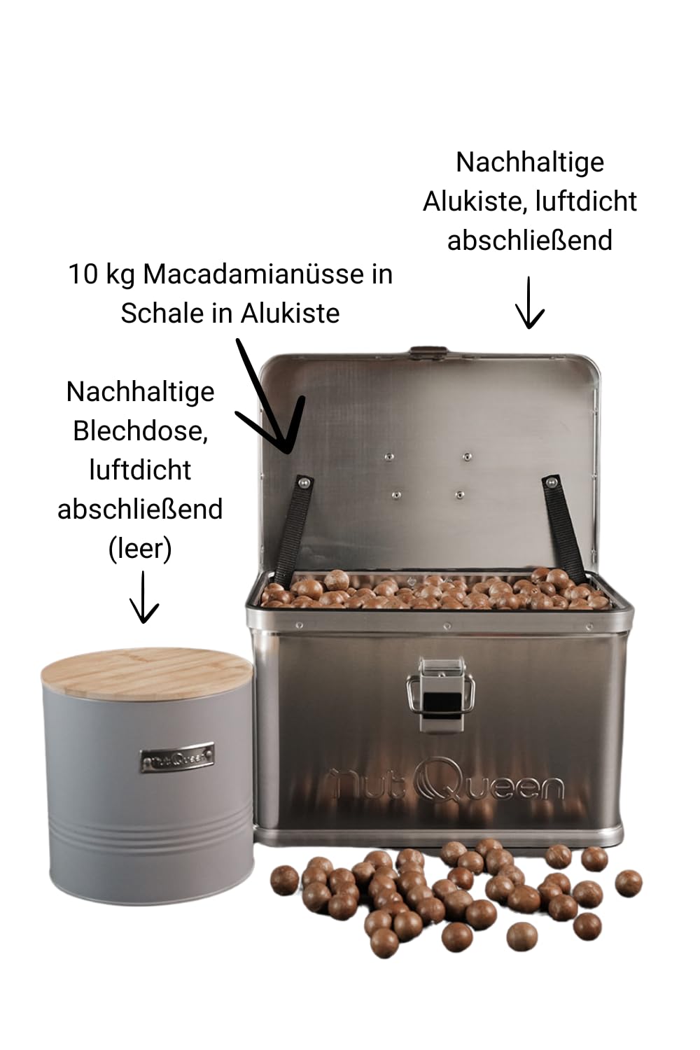 Vorratsset, 10 kg Macadamianüsse in Schale in einer luftdicht abschließenden Aluminiumbox, 1 luftdichte Aufbewahrungsdose aus Blech mit Bambusdeckel (leer)