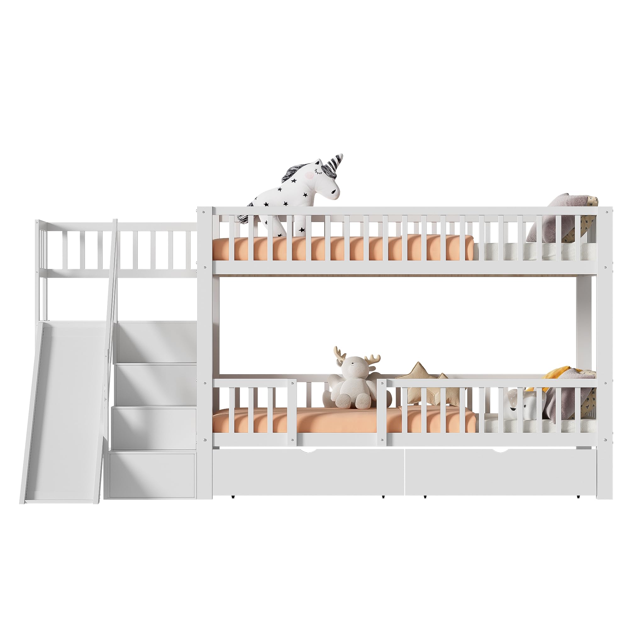 Etagenbett Kinderbett 90x200 für 2 Kinder, Hochbett mit Treppe&Rutsche&2 Schubladen, Funktionsbett Holzbett Stockbett Spielbett Jugendbett Bettgestell mit Rausfallschutz&Lattenrost,Ohne Matratze,Weiß