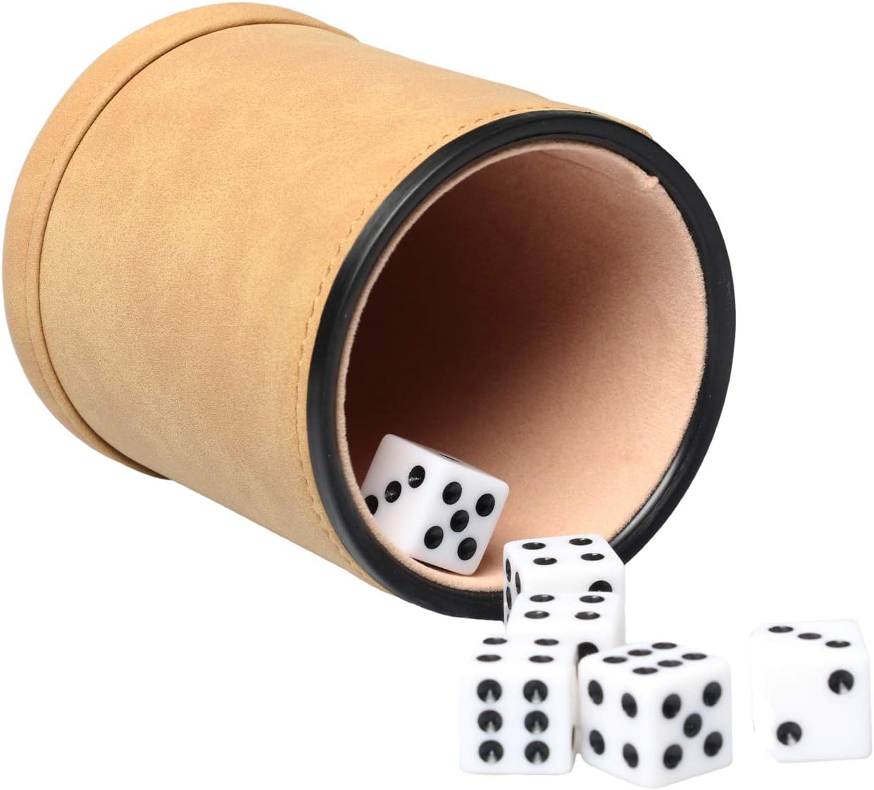 RERIVER 4 Pack Dice Cup Leatherette with Velvet Interior Includes 6 Dices,Quiet in Shaking for Liars Dice Farkle Yahtzee Board Games,Light Brown