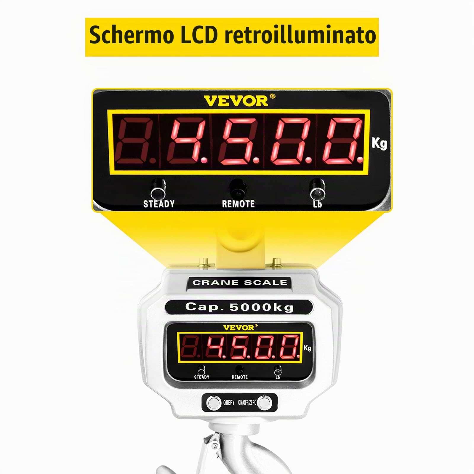 VEVOR Bilancia a Gancio Digitale da 5000kg, Bilancia Dinamometro con Gru di Elevata Precisione, Gancio Elettronico Pesapersone Elettronica Portatile con Display LCD