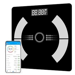 JINER Digital Body Weight Scales with App, Bluetooth Body Composition Analyzer for Weight Loss, BMI, Muscle Mass Track, Black, Tempered Glass, Counter Scale, Mini, 180kg/400lbs Capacity