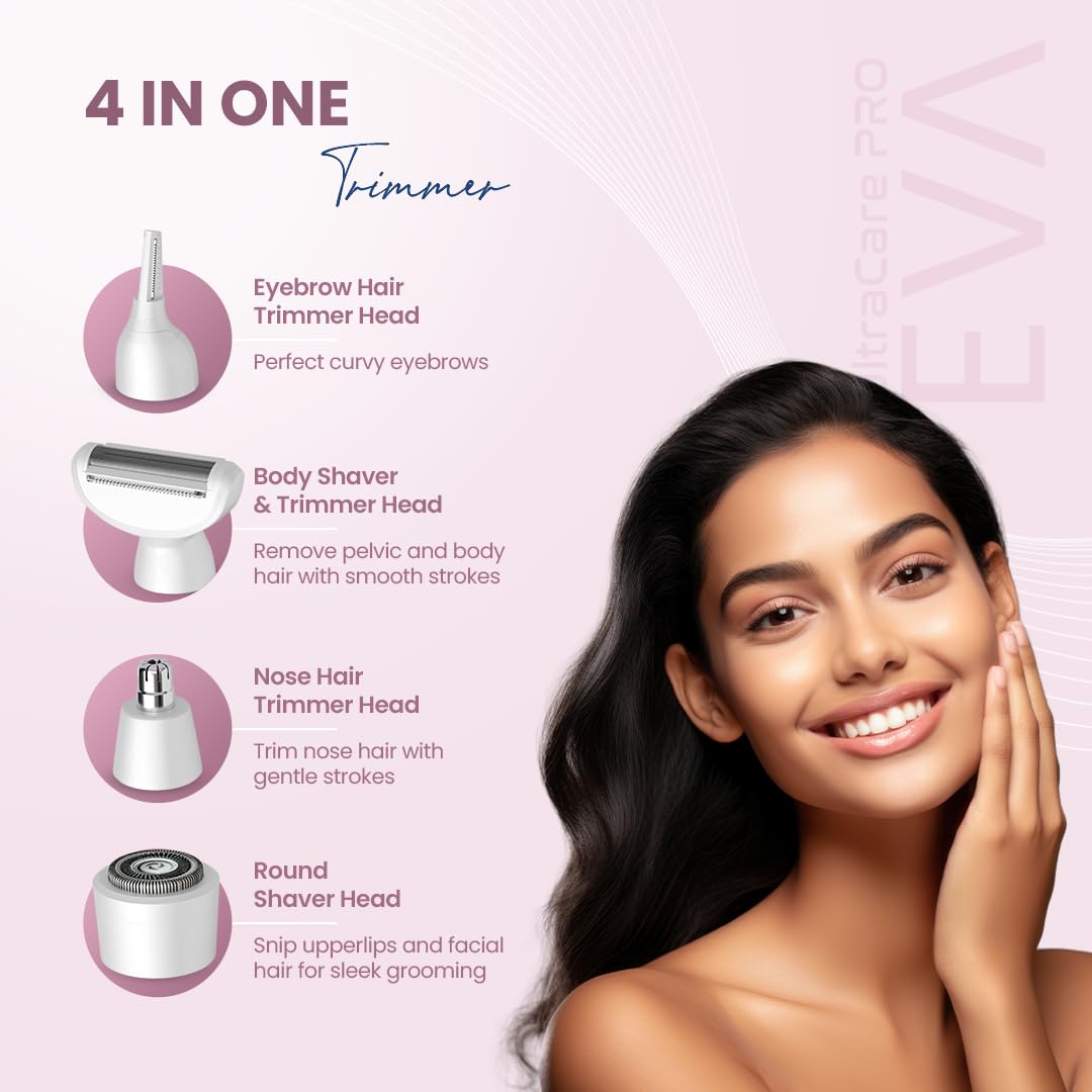 UltraCare PRO EVA Trimmer for Women - 4 Heads - Rechargeable - Water Resistant - Bidirectional Blades for Smooth & Glowy Skin - Easy hair removal for face, leg, eyebrow, underarm & bikini area 1