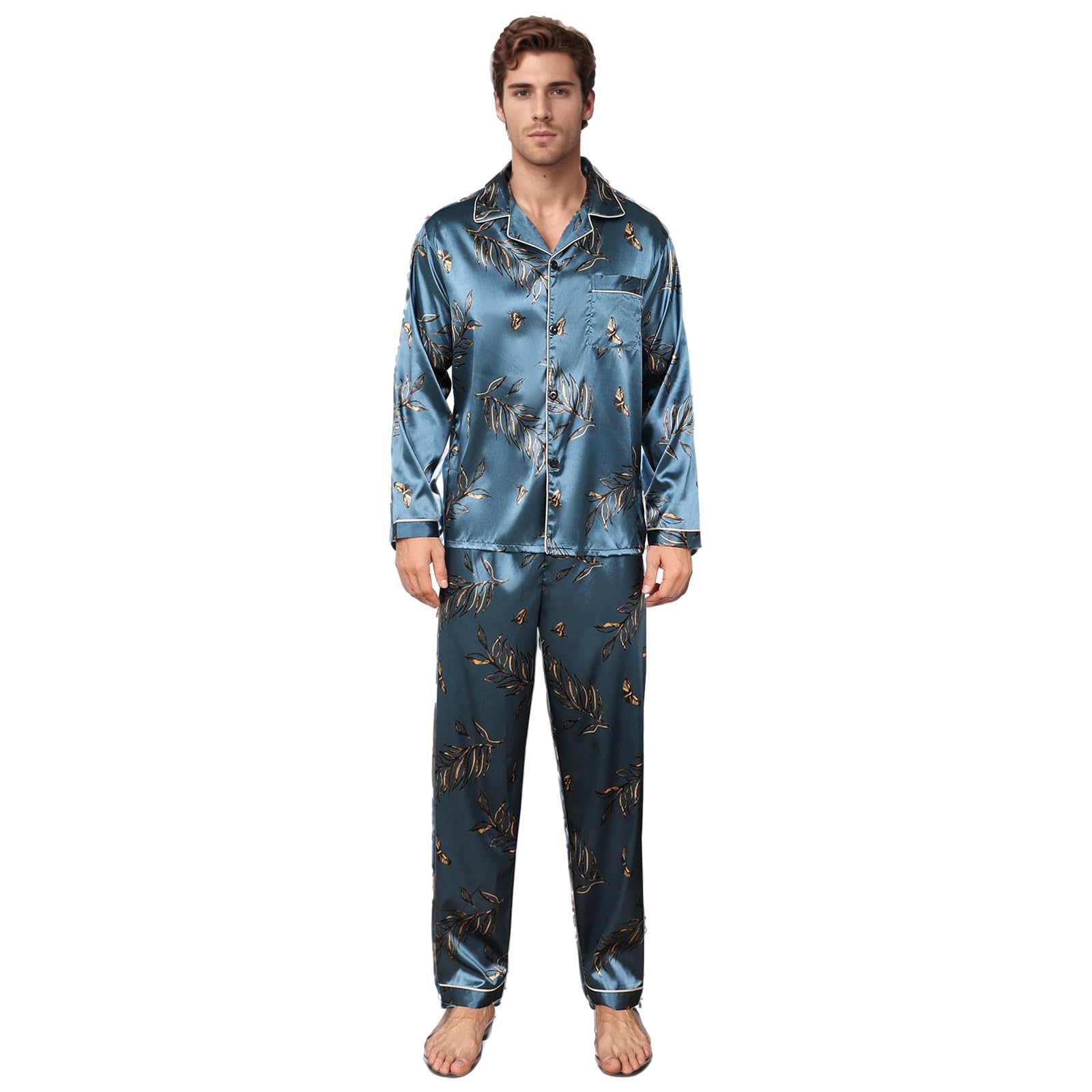 Mens Silky Satin Pajamas Set Long Sleeve Top and Long pants Nightwear Button-Down Pj Sets Sleepwear-picture-40