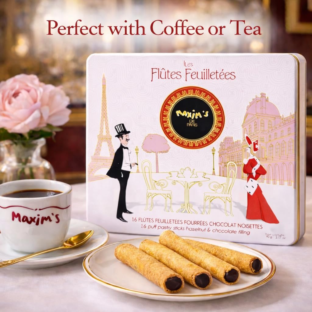Maxim’s de Paris Chocolate Hazelnut Wafer Rolls – Crispy French Wafer Cookies with Hazelnut Chocolate Filling – Vintage Paris Gift Tin (90 g)