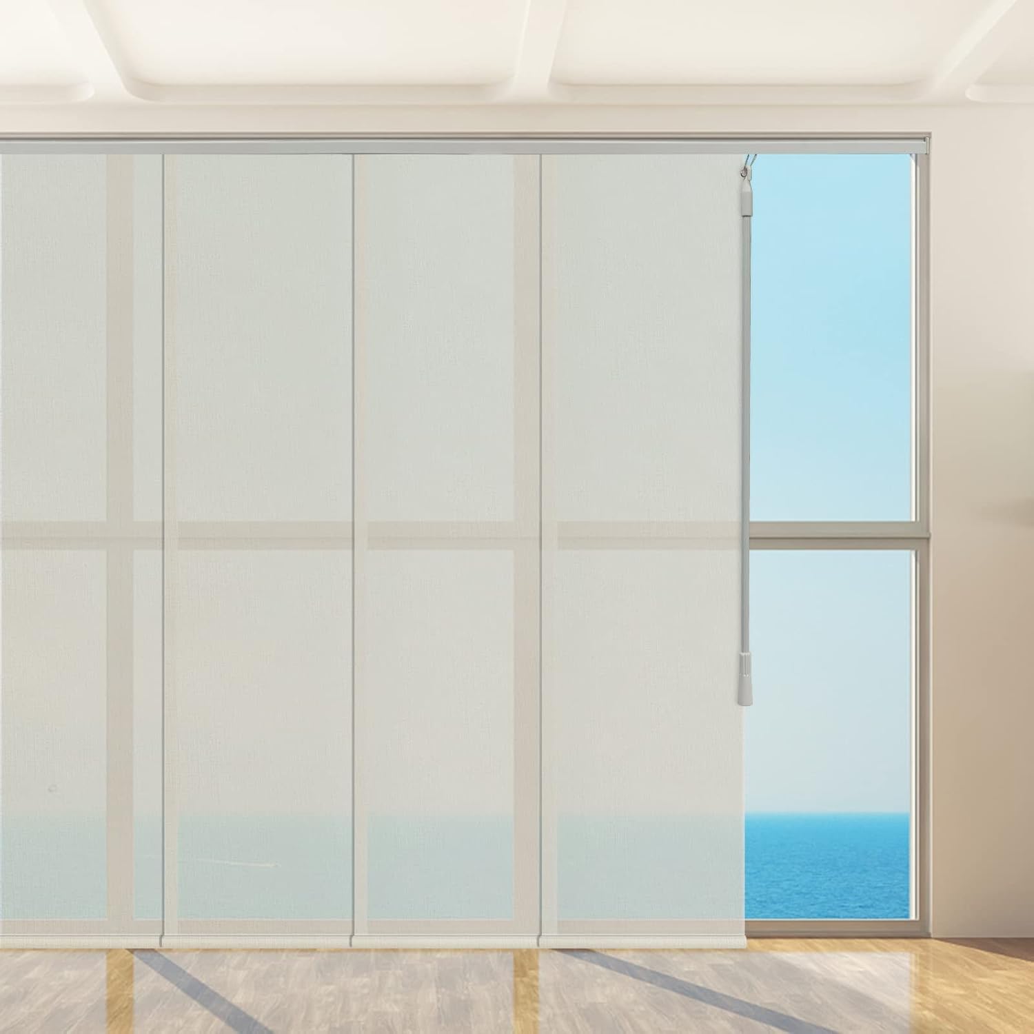 Sheer Cordless Sliding Panel Track Blind, 4-Rail or 6-Rail Track Vertical Blind for Sliding Window Patio Door and Room Divider, Woven Fabric Curtain, White