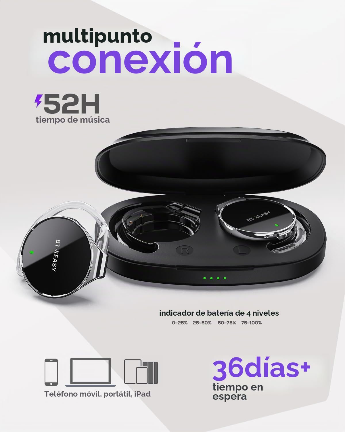 auricular Bluetooth 5.4 in-ear, abiertos inalámbricos, cancelación de ruido, clip gota, deportivos 4 micrófonos, ajuste cómodo