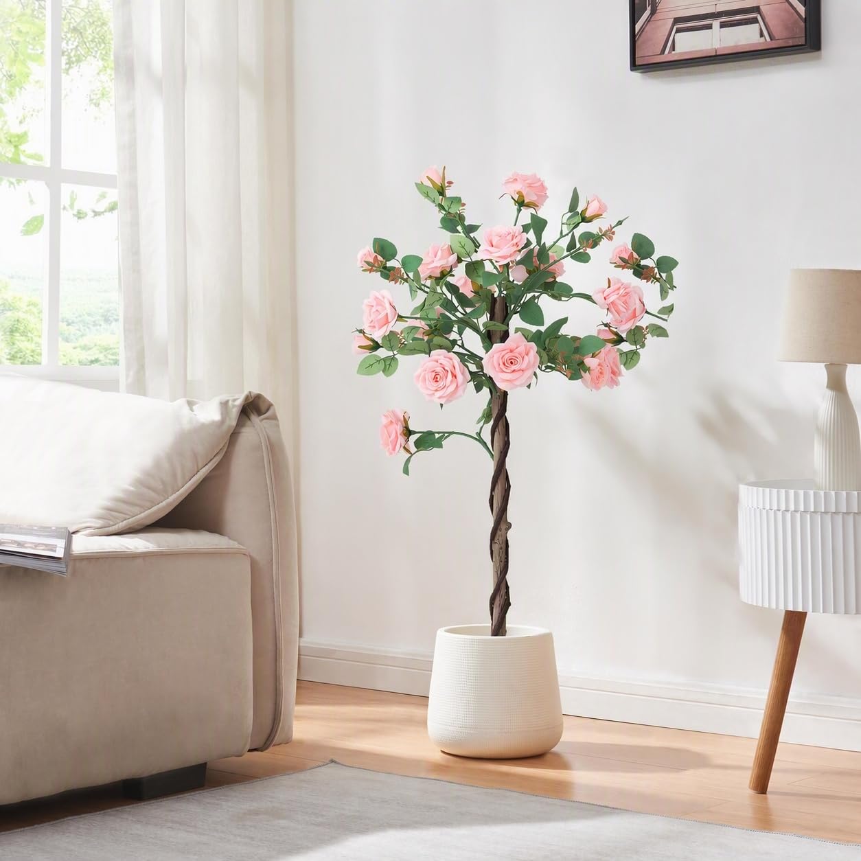 Panana Artificial Plant Set of 2 Pink Rose Flower Tree Decorative Faux Plants in Pot (Pink Rose, 2 Pack)
