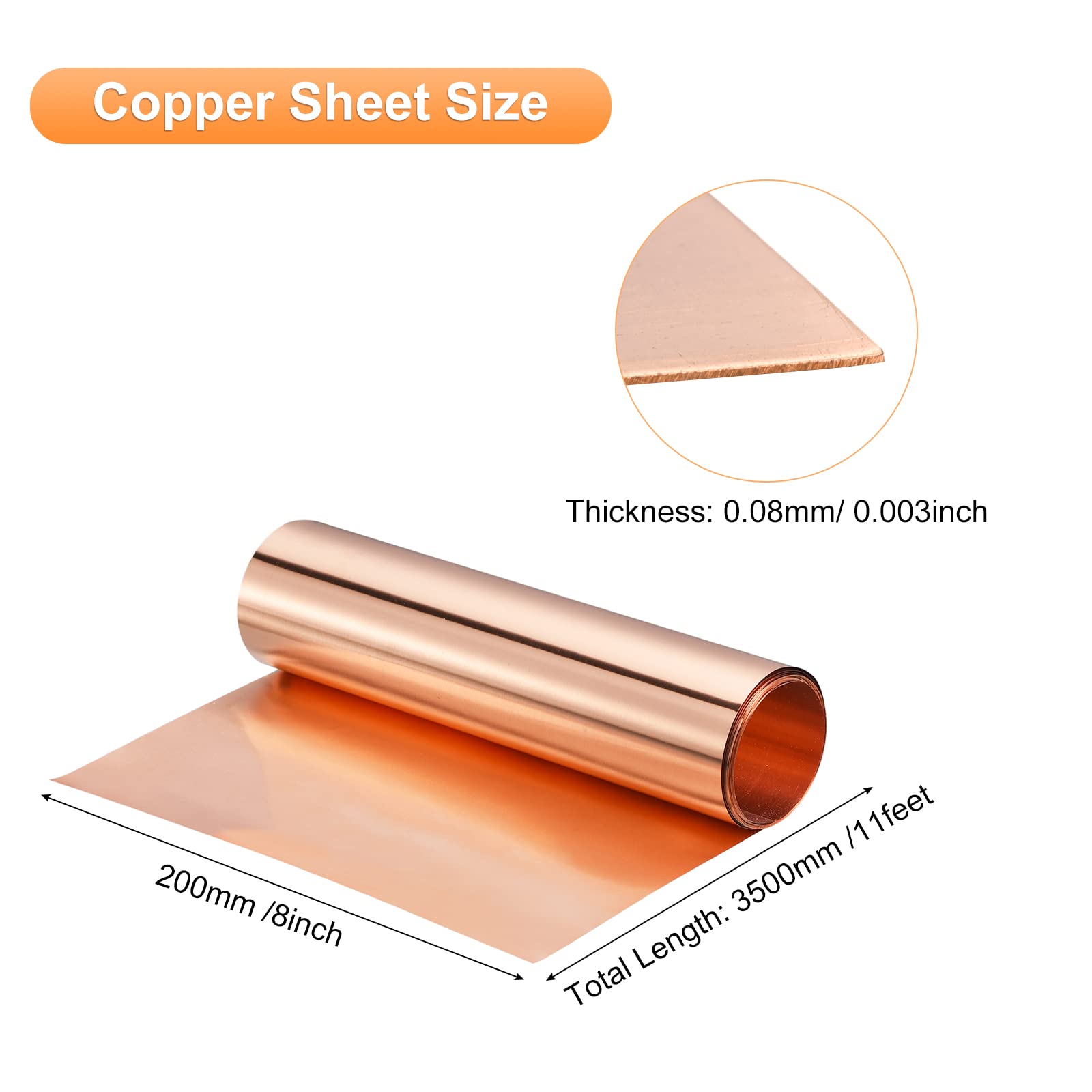 sourcing map Blacha miedziana rolka 3500 mm X 200 mm X 0,08 mm, 99,9% czysta miedź taśma miga metalowa płyta do projektów elektrycznych DIY (wiele rozmiarów)