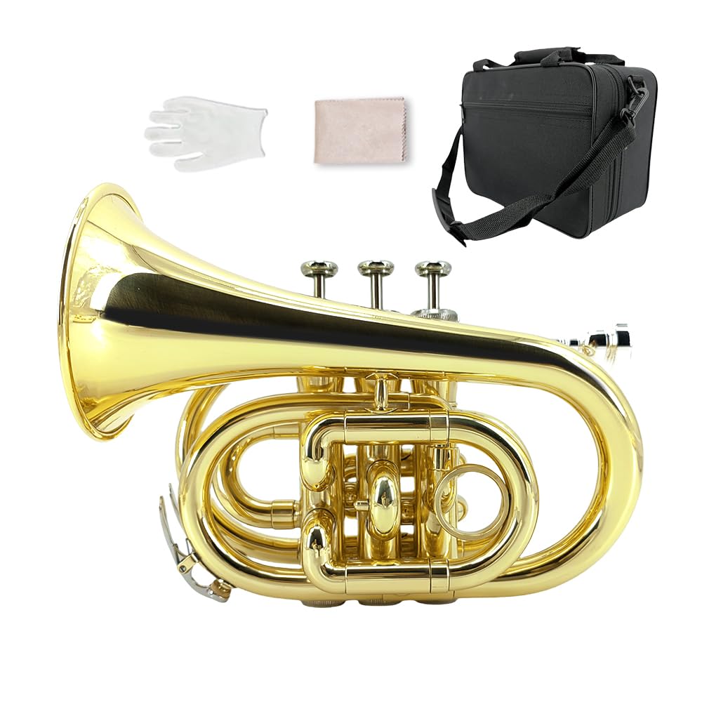 Tromba tascabile professionale in ottone, finitura laccata, con custodia per il trasporto e accessori per la pulizia per principianti e musicisti (oro)