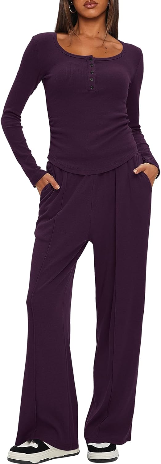 Darong Womens 2 Piece Matching Lounge Sets 2026 Long Sleeve Henley Shirts Wide Leg Pants Airport Travel Outfits - Image 5