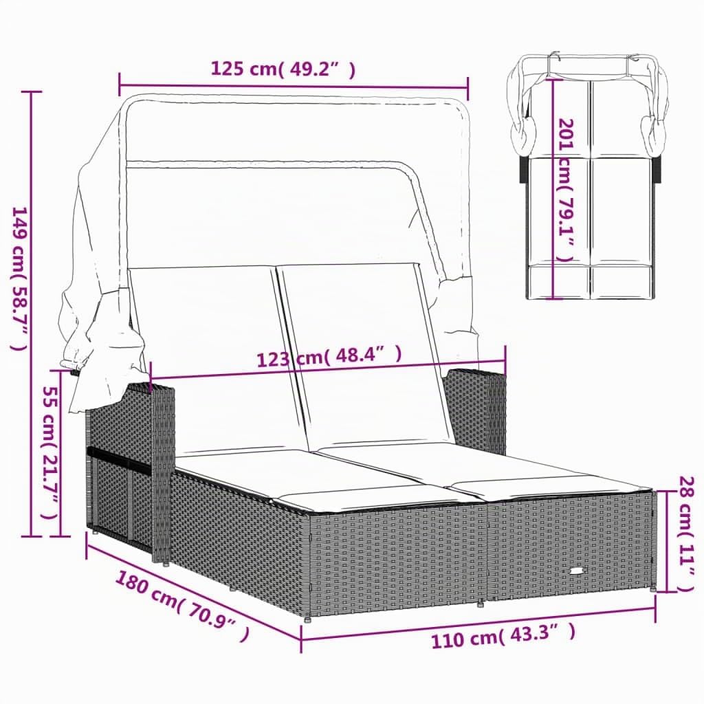 Letto matrimoniale da esterno con baldacchino e cuscini, mobili da giardino regolabili in rattan marrone, chaise longue per rilassarsi e prendere il sole