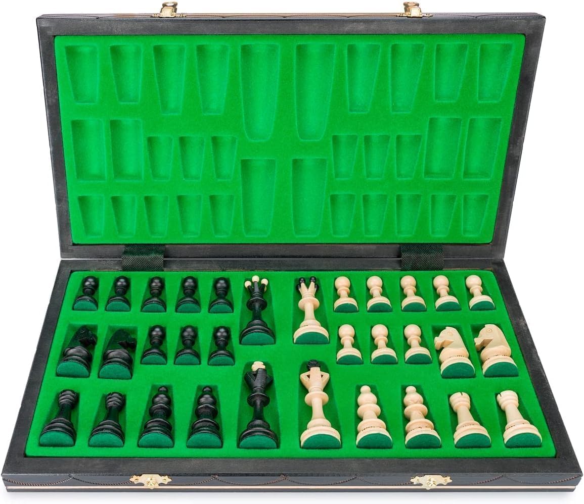 Handmade European Wooden Chess Set with Wood Chess Pieces – Decorative Box with Storage Tray – Rustic Classic Board Game (Senator Black)