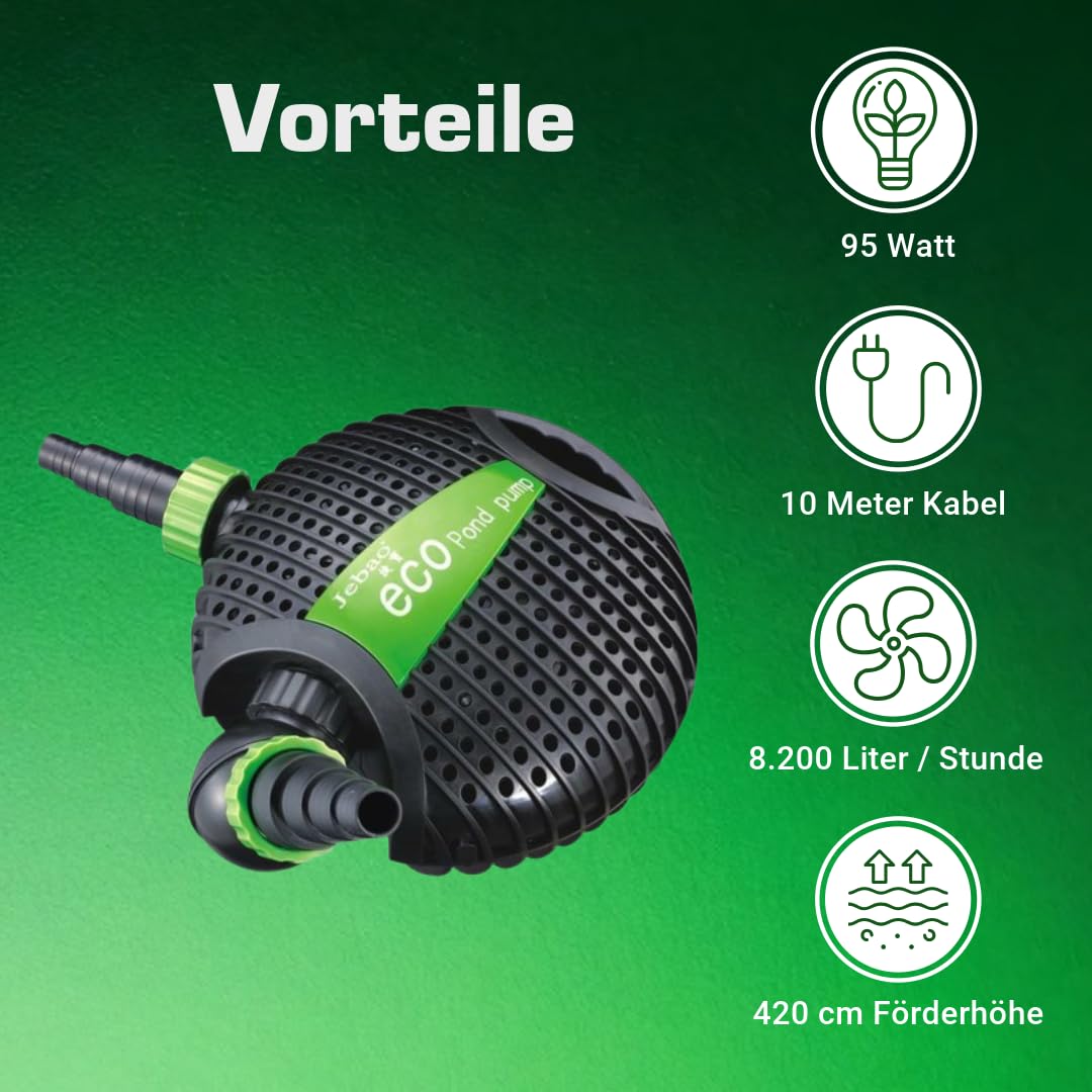Teichpumpe 8.200L/H, 10m Kabel, 420cm Förderhöhe, 95W, Motorschutz, Wasserpumpe | Bachlaufpumpe | Wasserspielpumpe | Brunnenpumpe | Tauchpumpe | Springbrunnen-Pumpe