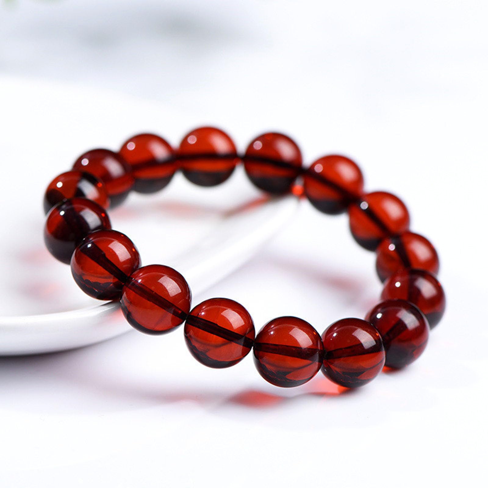 Pulsera de ámbar Sangre Natural de Grado 7A | Pulsera Artesanal de Cuentas de Cristal Rojo Premium | Pulseras elásticas de ámbar para Mujer,7.8~8.8mm