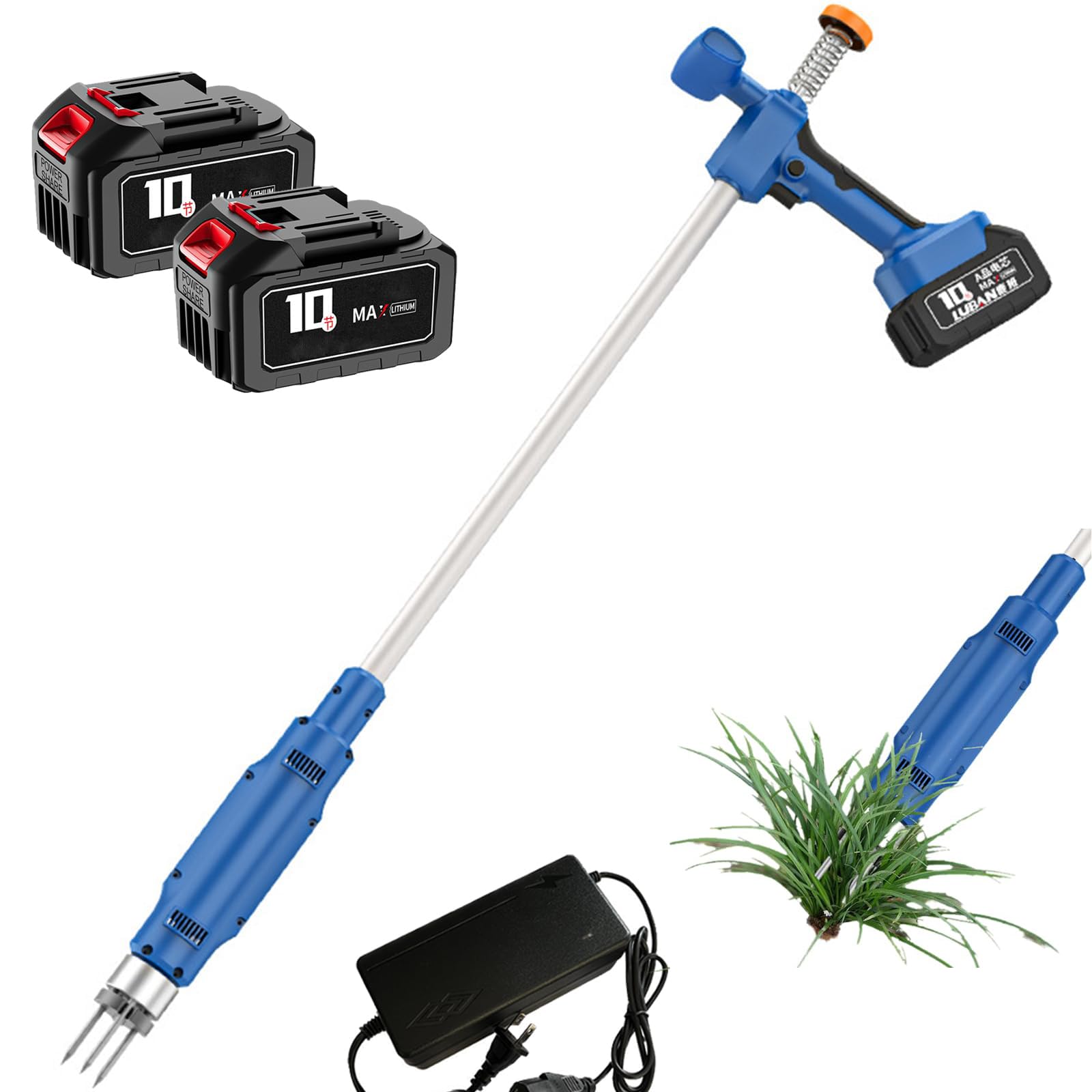 Generico Diserbatore Elettrico Senza Fili per Giardino, Estrattore di Radici con 3 Artigli in Acciaio e Manico da 98 cm, Inclusi 2 Batterie
