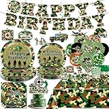 198pcs Army Birthday Party Decorations Include Camo Plates and Napkins Set, Banner, Hanging, Tablecloth, Balloon, Cupcake Topper, for Camouflage Hunting Military Theme Birthday Party, Serve 25