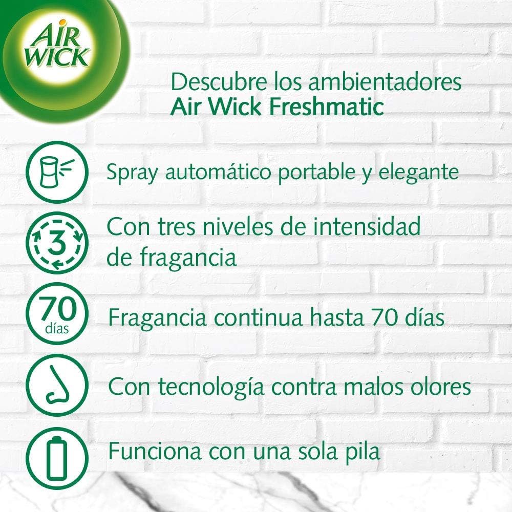 Air Wick Freshmatic, Aparato y 4 Recambios de ambientador Spray automático, Aroma a Oasis Turquesa, El embaleje Puede Variar
