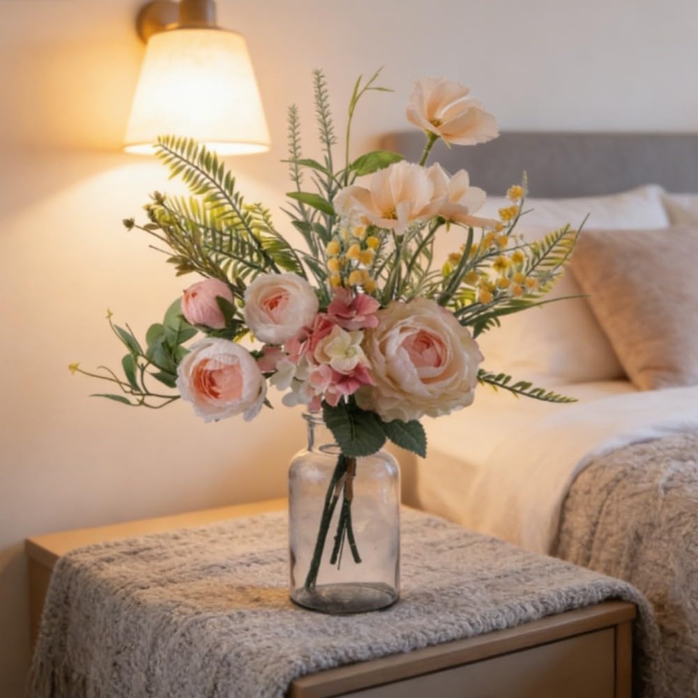Fiori artificiali, decorazioni per matrimoni, decorazioni per la casa, rose finte, composizione floreale, pianta realistica in tessuto per centrotavola da tavolo, ufficio, 44 cm, bianco e
