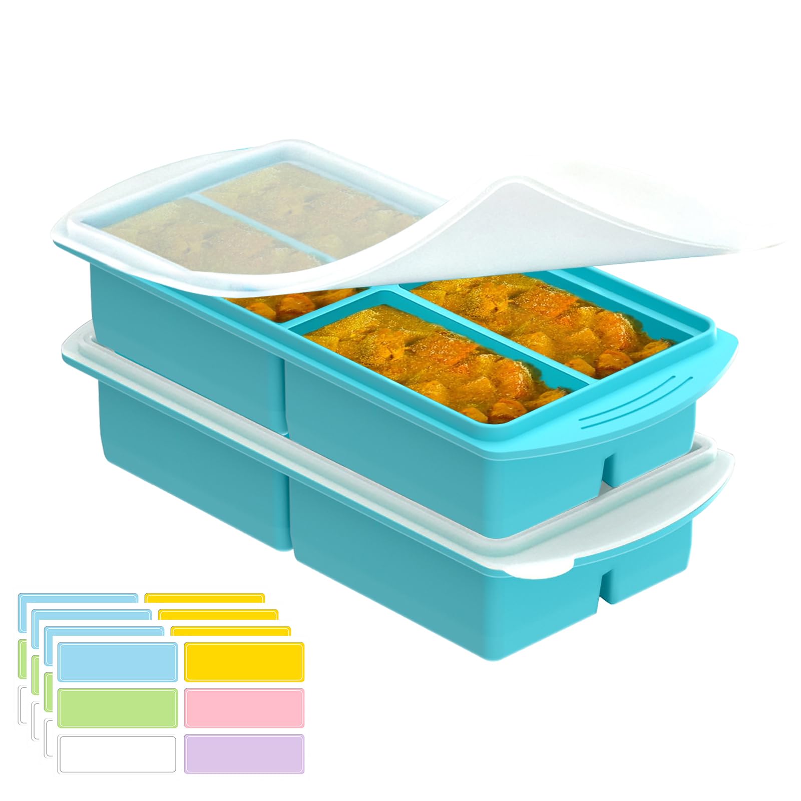 Maridergo Blue,4-Compartments 2 Pack Large Silicone Soup Freezer Containers With Lid, 500Ml/250Ml/125Ml Soup Freezer Moulds Silicone Food Freezer Trays Soup Storage Containers For Freezing Broth, Meal Prep (Blue,4-Compartments)