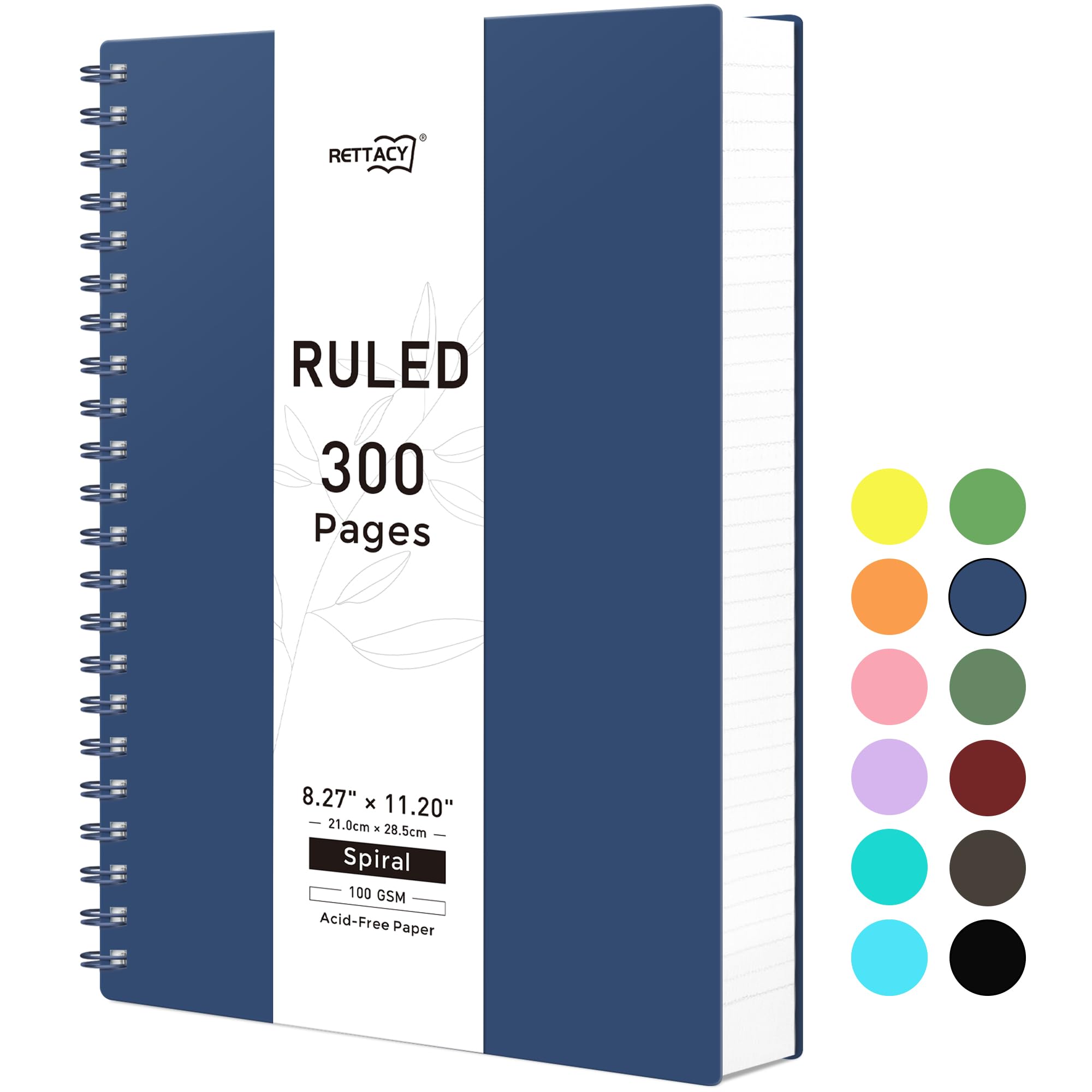 RETTACY A4 Notebook, Notepad, Wirebound Spiral Notebooks 300 pages/150 Sheets for Writing,100gsm College-Ruled Paper, Retro PVC Cover, for Women Men Work Office School,21.5 x 27.9cm - Navy Blue