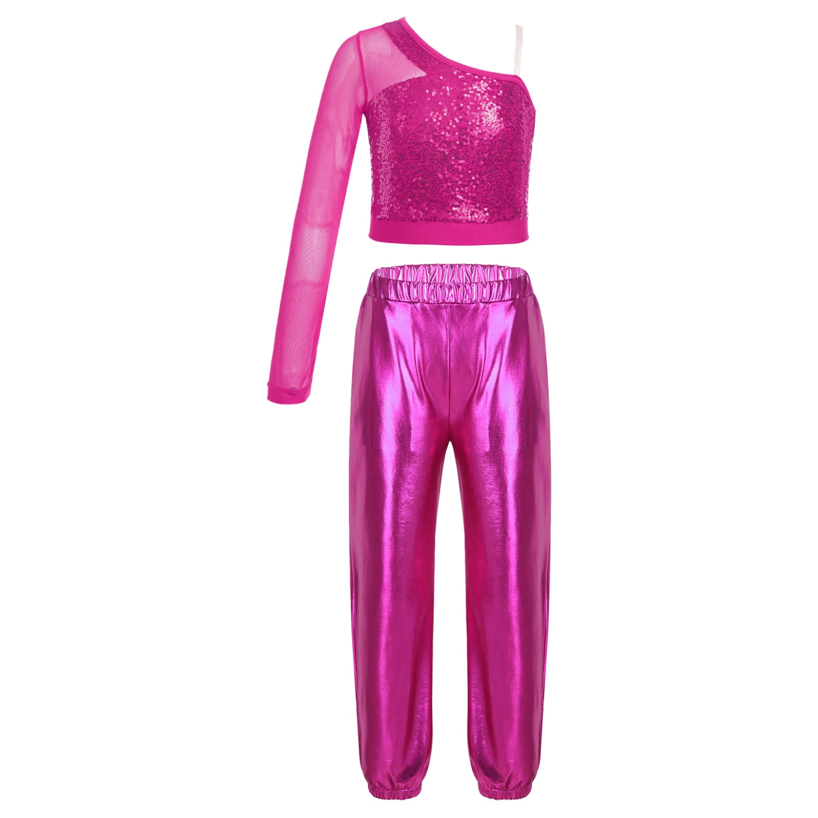 JanJean Kids Girls 2Pcs Dance Tracksuit Shiny Metallic Crop Top with Athletic Sweatpants Jazz Hip Hop Jazz Dance Costume Hot Pink B 16 Years