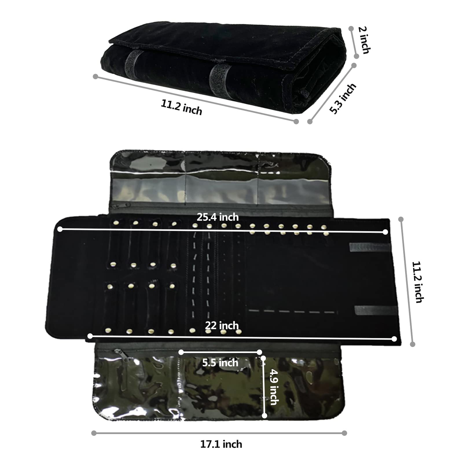Bolsa de rodillo para organizador de joyas, rollo plegable para joyero, gran capacidad y práctico portátil, para más collares, pulseras (Flannel, Black1)