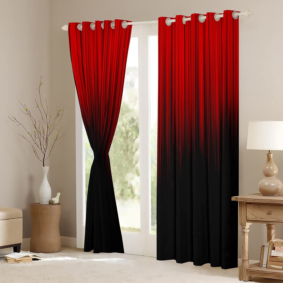 Feelyou Tende per finestre per bambini e ragazzi, motivo geometrico rosso e nero, motivo bohémien, tende per finestre, trattamenti, design semplice sfumato, per soggiorno, camera da letto, 106 x 160