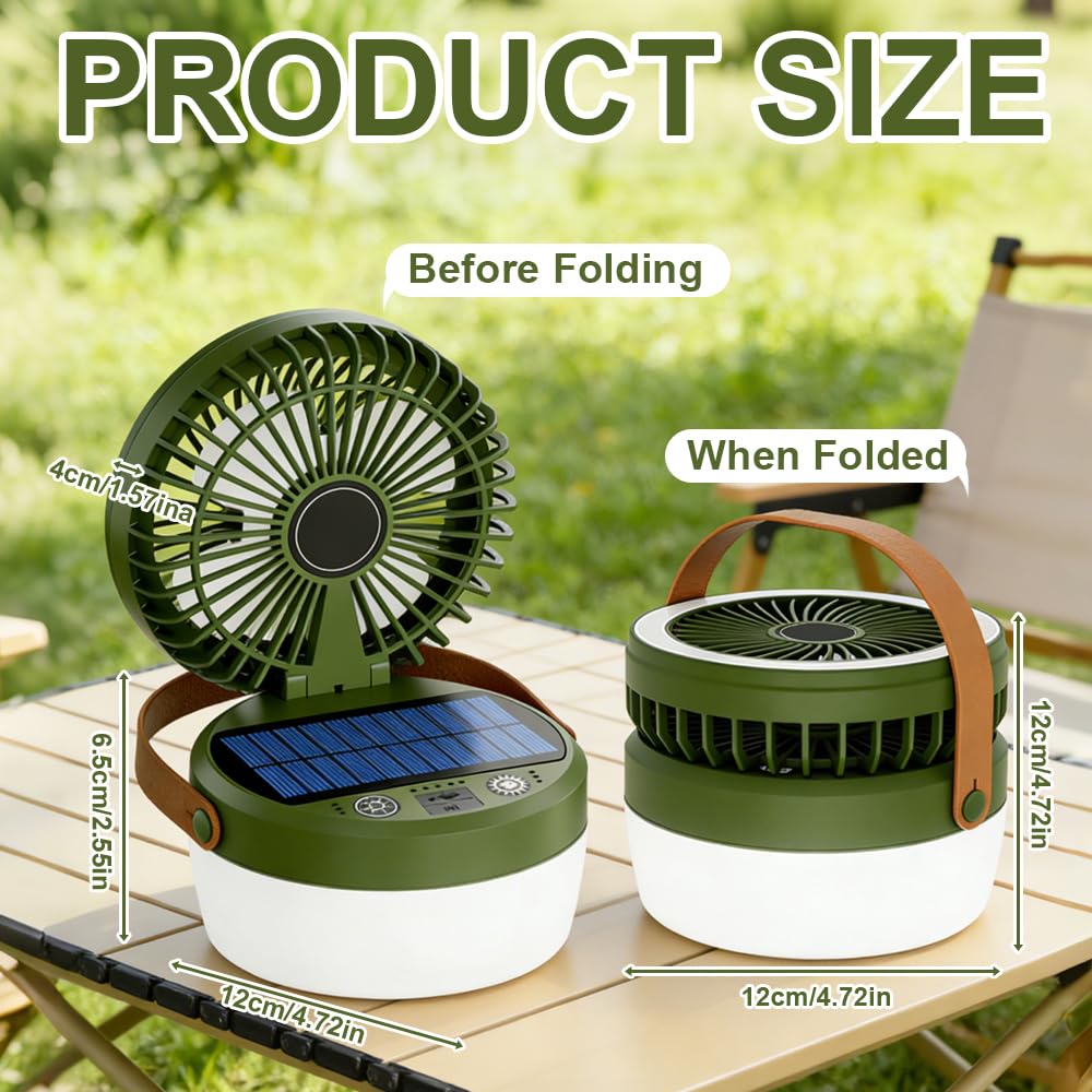 LED Campinglampe Solar, Tragbarer Camping Ventilator mit 4 Leuchtmodi | 3 Windgeschwindigkeiten, Campinglampe Akku Aufladbar für Außenaktivität, Wandern, Zeltlampe, Umgebungslicht, Notfall