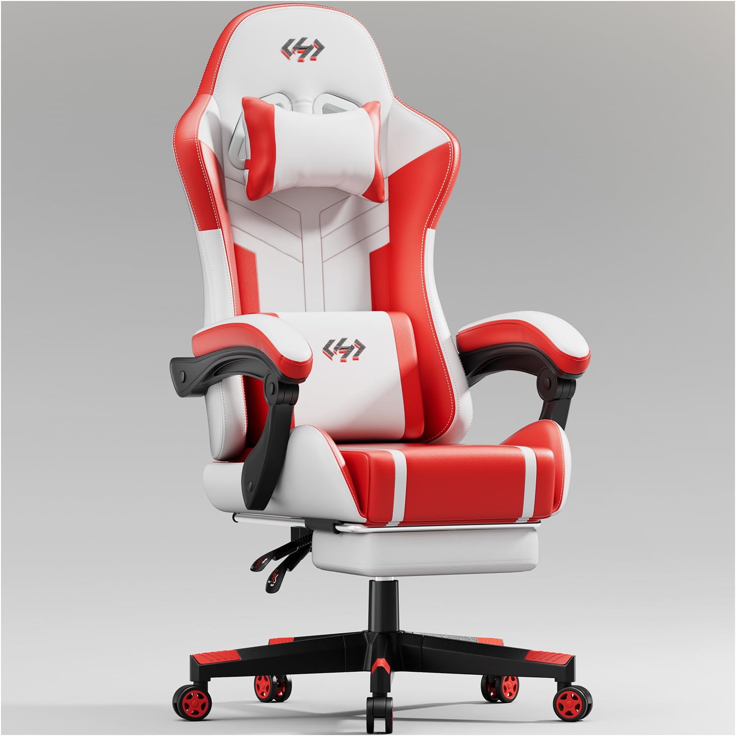 HLFURNIEU Silla Gaming, Silla Gamer Ergonómica con Cojín de Muelles, Silla Ordenador con Cojín Lumbar y Reposapiés, Sillón Gamer Altura Ajustable, Cadeira Gaming Blanco y Rojo