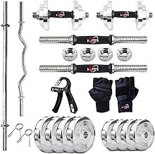Steel Weight Plates Combo 20KG | Home Gym Steel Set with 5Ft Straight Barbell Rod & 3Ft Curl Bar (25mm), Pair of Steel Dumbbell Rods, Heavy-Duty Collars, Hand Gripper & Gym Gloves - Complete Strength Training Kit for Home Workout