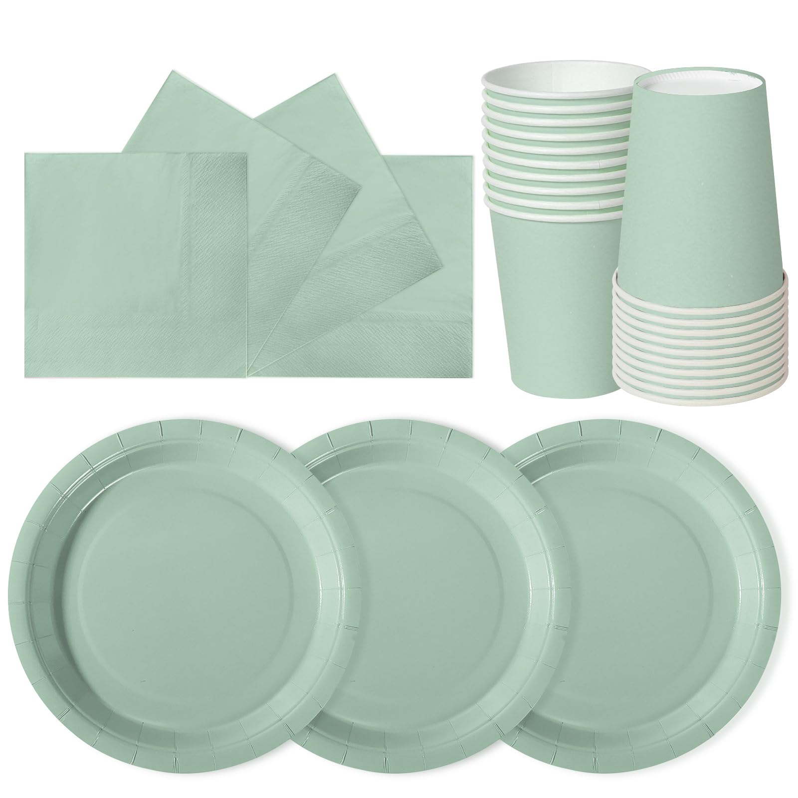hailstones Sage Green Disposable Party Paper Plates Set Tableware Supplies - 24 Pack of 7 Inch Plates, Cups & Napkins for Kids Birthday Decorations Christening Wedding Shower — image 1