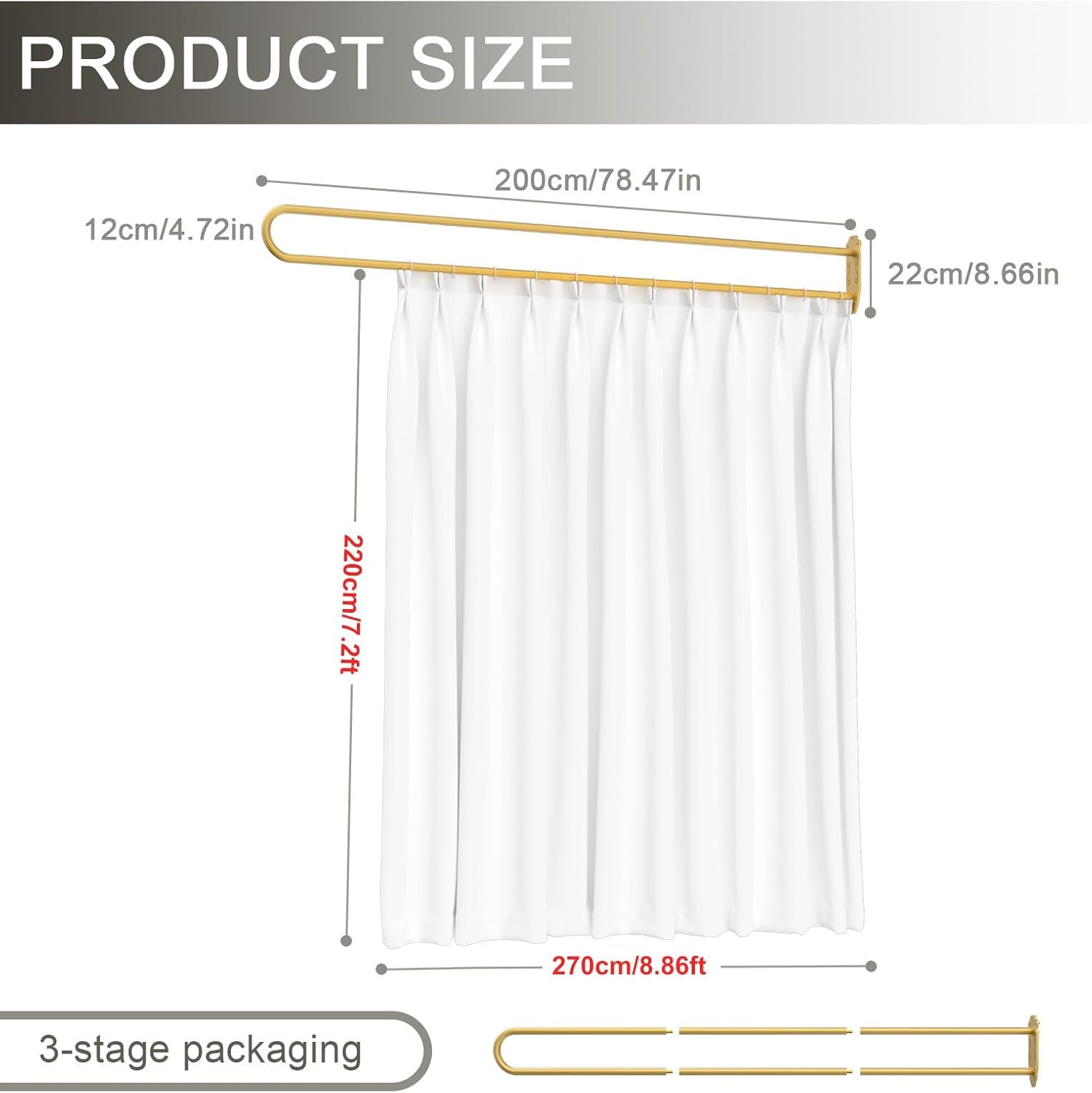 Privacy Partition Curtains with U-Shaped Rod, Metal Support Single Wall Mounted Curtains, 6.56ft White Flat Hooks Medical Curtain for Fitting Room Beauty Salon Bedroom