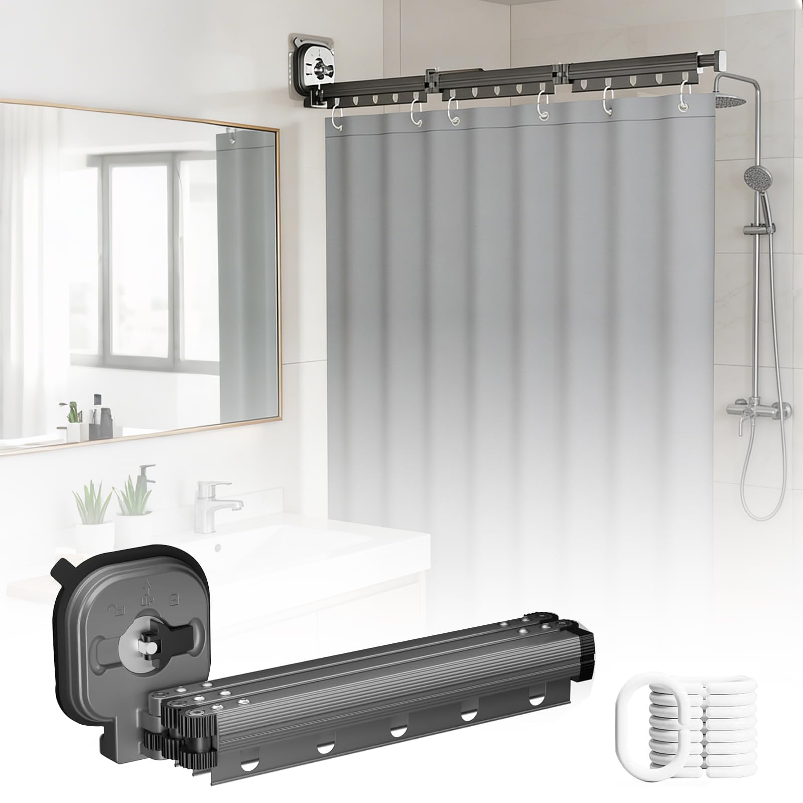 Foldable Shower Curtain Rail, Wall Mounted Shower Curtain Rod with Shower Curtain, No-Drill Suction Cup Laundry Organizer, Space-Saving Clothes Drying Rack for Bathroom (Grey-3 Fold, 1.2x2m)