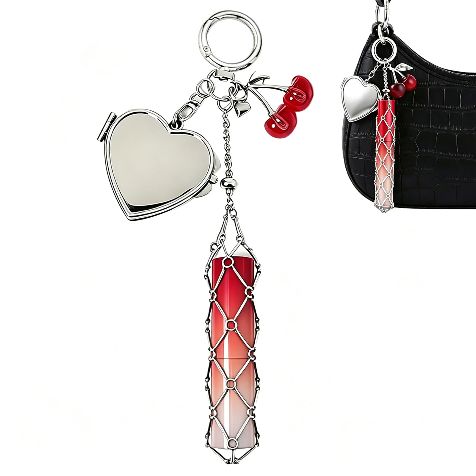 Bag Charms Y2K Metal Net Lipstick Holder Keychain with Touch Up Mirror, Fashion Heart-Shaped Clasp Makeup Organizer Portable Chic Accessories for Women-image-23
