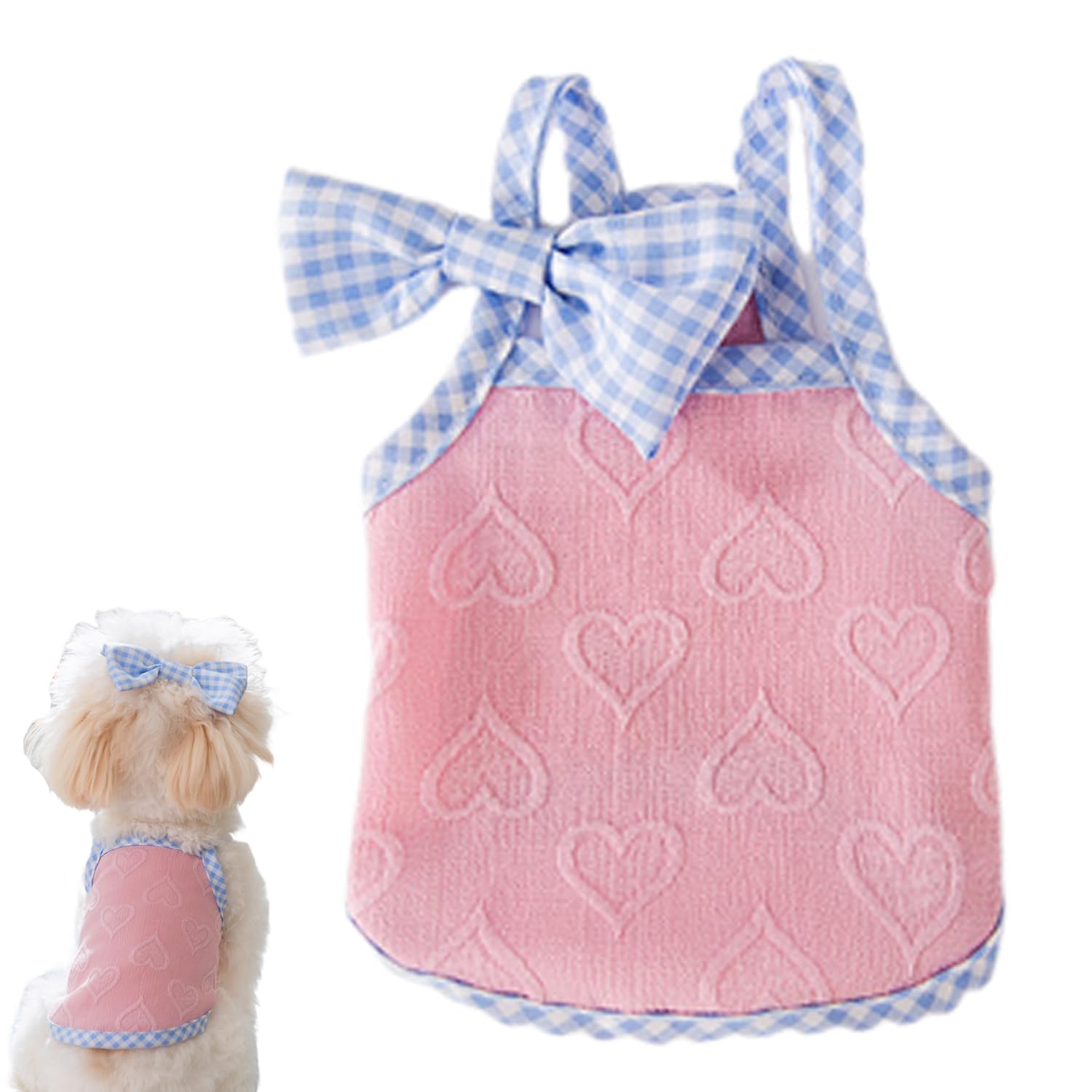 POPONA Dog Dress with Bow Hair Clip, Heart Print Puppy Dress for Small Dogs Cats, Cute Summer Pet Clothes for Birthday Party Wedding, Blue Pink Yellow Dog Outfit(Pink,L)