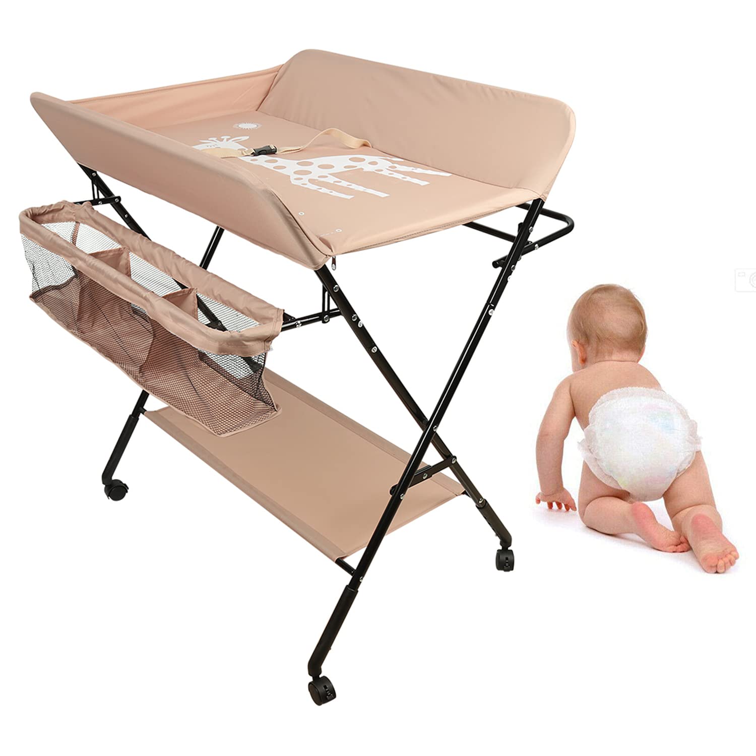 Mesa cambiador plegable y portátil, mesa de cambio plegable con cesta de almacenamiento, lateral, carga máxima 25 kg para recién nacidos, diseño ergonómico (Amanda)