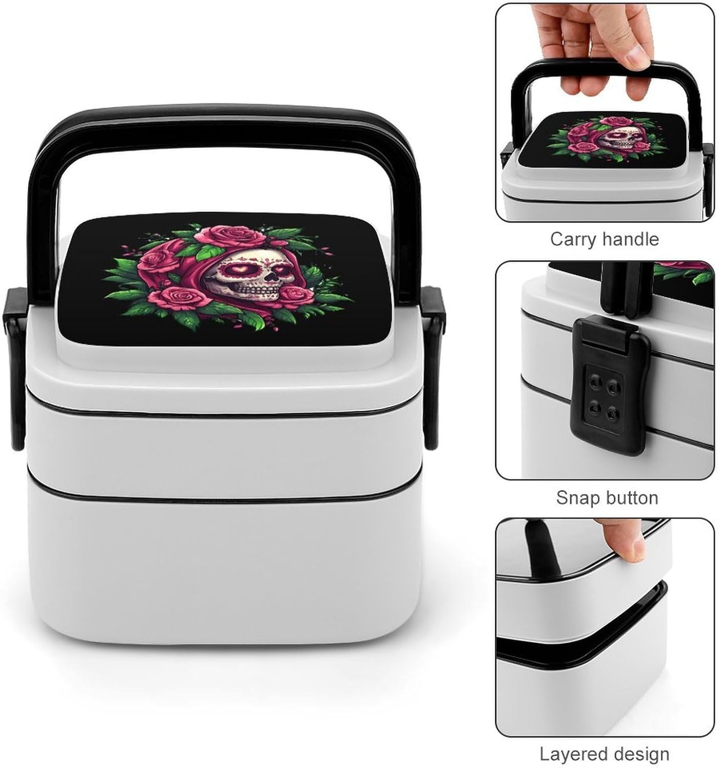 Floral Skull Rose Flowers Bento Box with Spoon 2 Layer Food Container Cute Lunch Box for Travel Dining Work