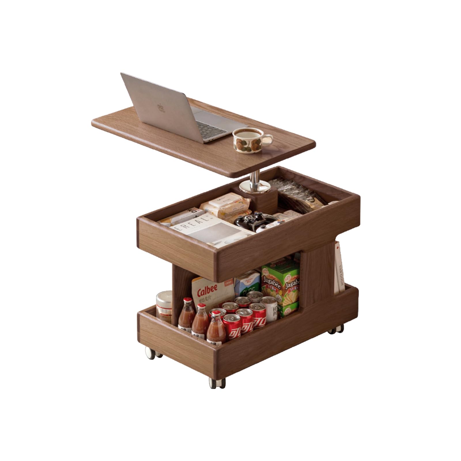 YESWOOD Table Basse en Bois de Chêne Massif avec roulettes, Livré Monté, Table d’Appoint Plateau Relevable Pivotant, Bout de Canapé pour Salon, Chambre, 68 x 40 x (55-70) cm, Noyer