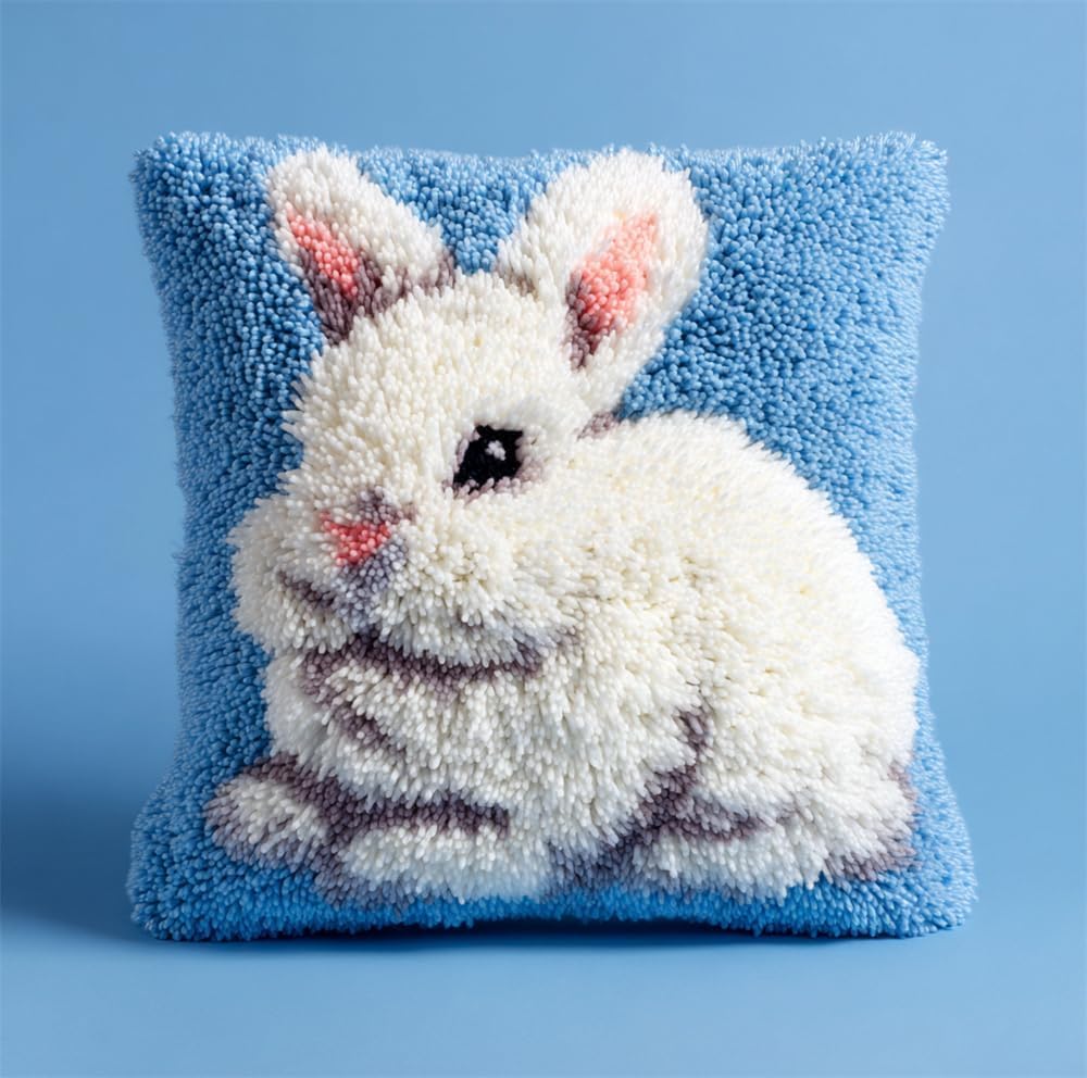 RKFLGEW Latch Hook Pillow Kits for Adults Kids Beginners Little White Rabbit 17X17 in DIY Pre-Printed Latch Hook Rug Carpet Cushion Kits Cross-Stitch Embroidery Cushion Embroidered Pillow for Home S