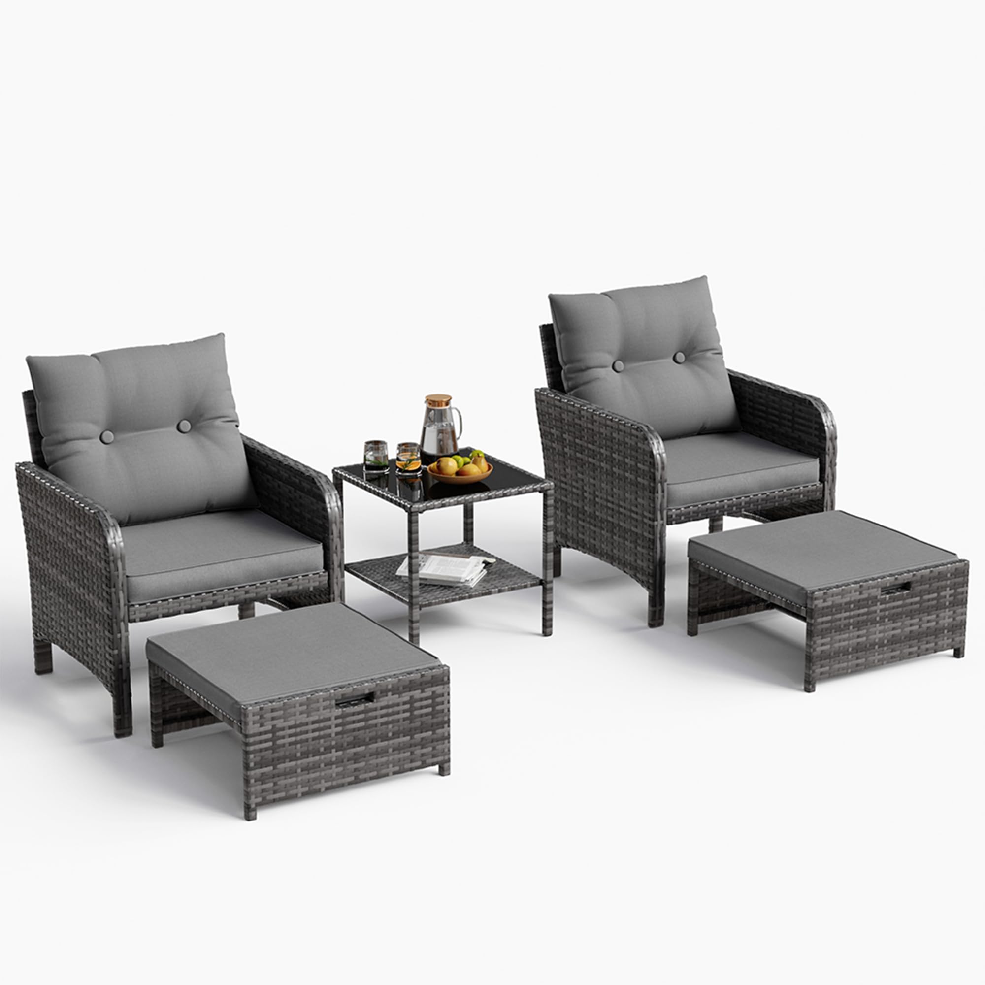 Amopatio 5-teiliges Polyrattan Gartenmöbel Set, Rattan Lounge Set mit 2 Hockern und Glastisch, Wetterfestes Garten Sofa Set mit Sitzkissen für Garten, Terrasse, Balkon, Grau
