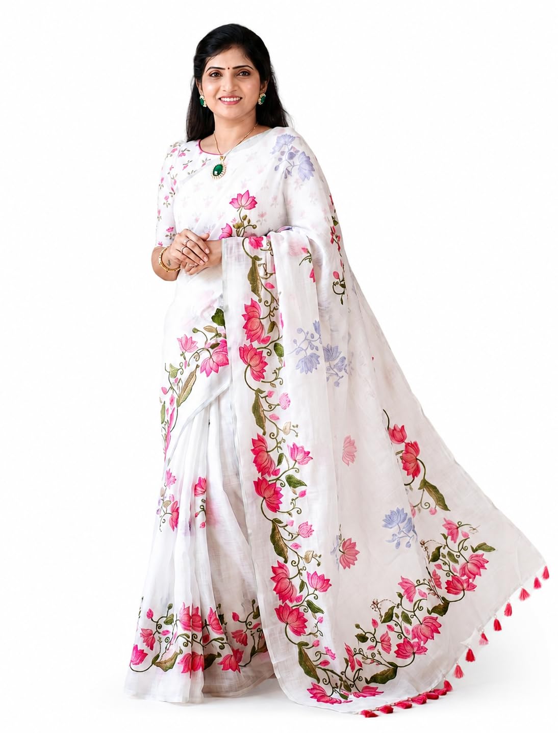 Floral Printed Georgette Saree for Women with Unstitched Blouse Piece | White & Pink Flower Print Saree for Party & Casual Wear-picture-50
