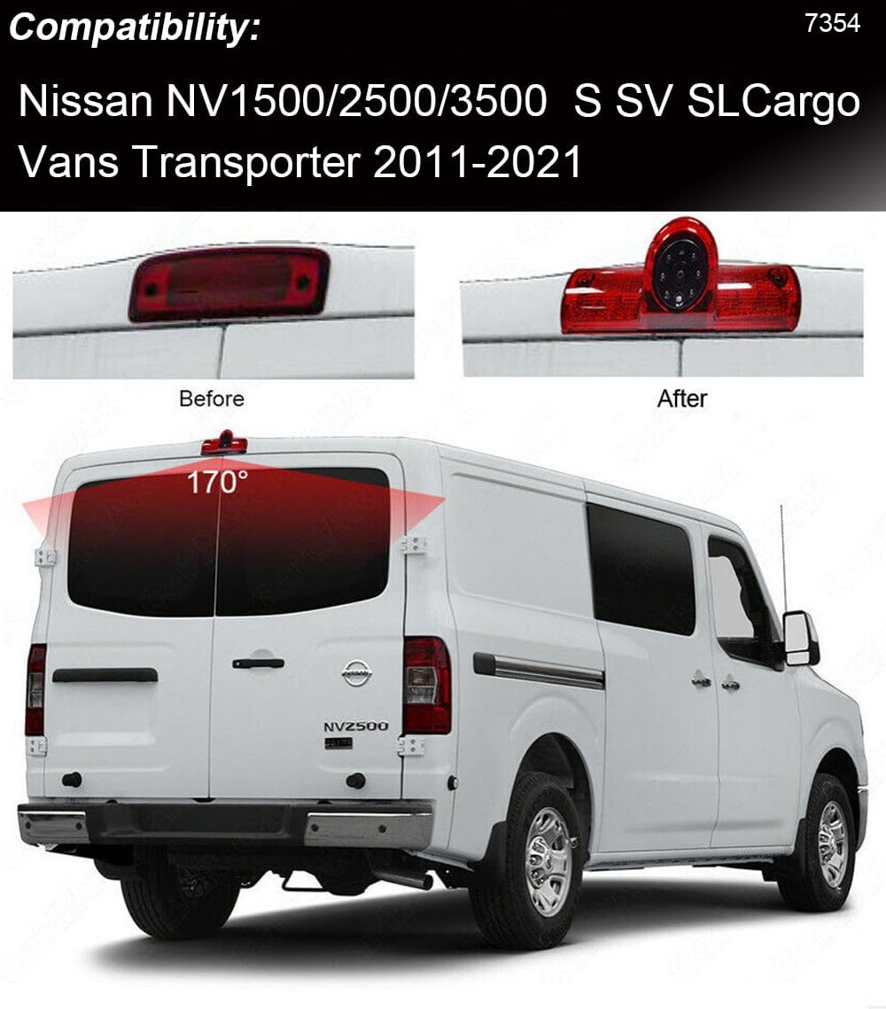 Car Third Roof Top Mount Brake Light 3 Rear View Camera Parking Safety Assistant System, HD Night Vision for NV1500/2500/3500 S SV SL Cargo Vans Transporter 2011-2021(with 7-inch Rearview Mirror)