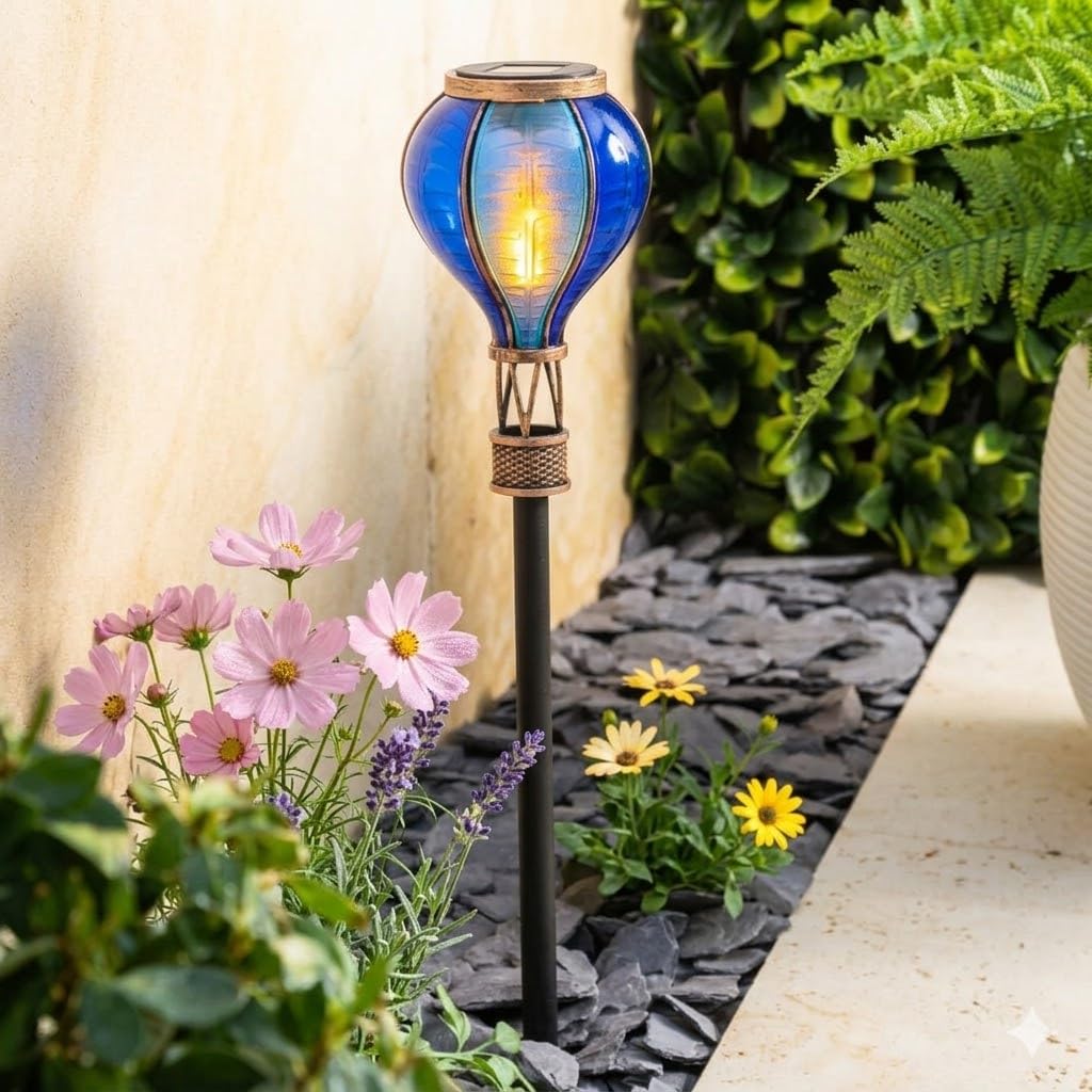 Bloomingtons Direct Solar Outdoor Lights Hot Air Balloon Stake Light, Flickering Effect LED Waterproof Solar Stake Lights for Pathway Garden Yard Path Lawn Decor