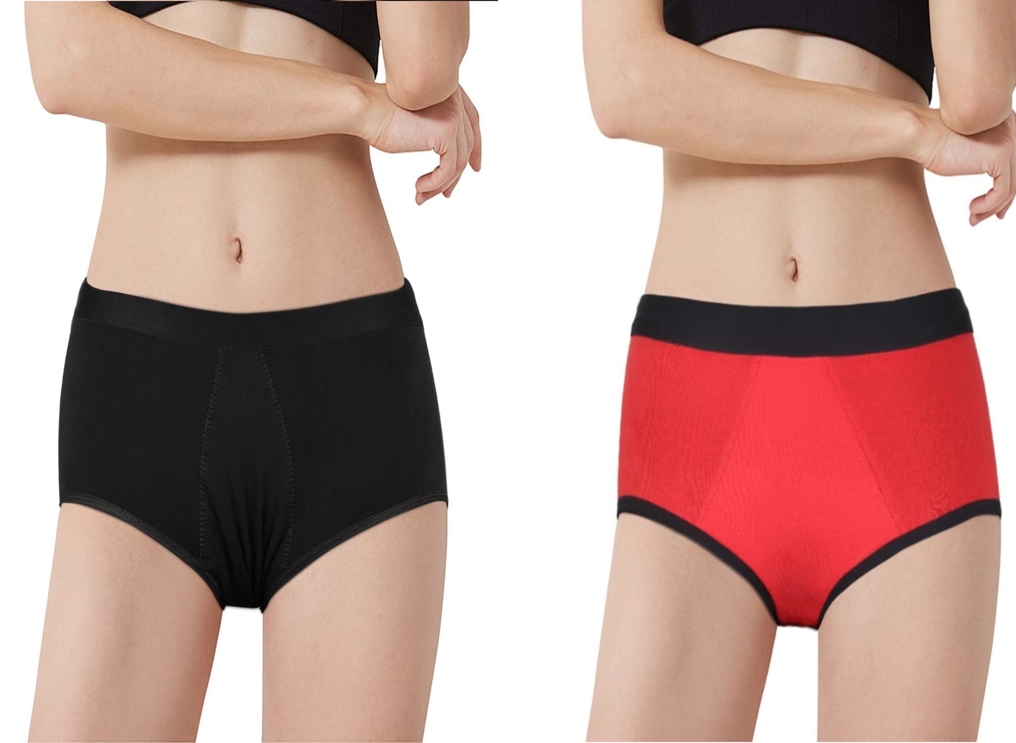 CareDone(Pack of 2 Women's Comfort Reusable,Heavy Flow Absorbent Period Bikini Panty,Leak Protection Underwear, Mid Waist Cotton Ladies Panties.(XS) Black and red